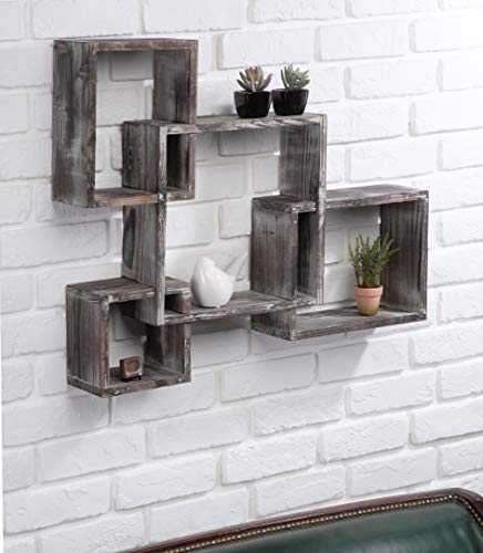 J JACKCUBE DESIGN Rustic Wood Shelves -Floating Intersecting Wall Shelves with 4 Cubes, Wall-Mounted Square, Antique Style Shadowbox, Decorative Collection Display Organizer. MK512A