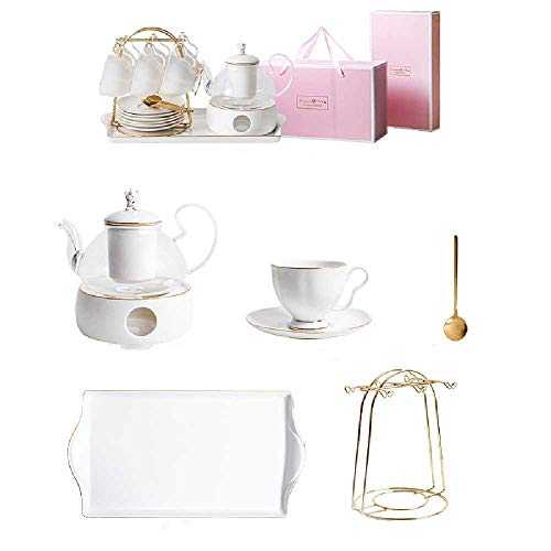 22-Piece Coffee Cup Set, Afternoon Tea Set for Six People, European Ceramic Heat-resistant Glass Candle Heating Teapot B22
