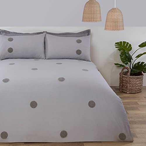 Sleepdown Embroidered Tufted Polka Dot Circles Grey Luxury Soft Cosy Easy Care Duvet Cover Quilt Bedding Set with Pillowcases - Double (200cm x 200cm)