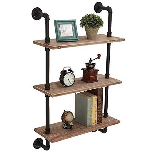 KELE Industrial Retro Floating Shelf, Rustic Pipe Floating Shelves, 3 Layers Wood Shelf Wall Mounted Home Decor Book Shelves, Pipe Shelving for Kitchen