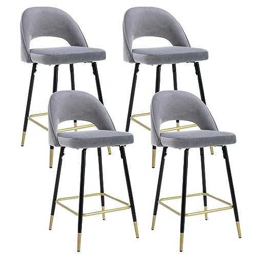 Wahson Set of 4 Bar Stools Velvet Kitchen Counter Chairs Breakfast Bar Chairs with Backrest&Metal Legs, High Stools for Kitchen Island/Home Bar, Gray