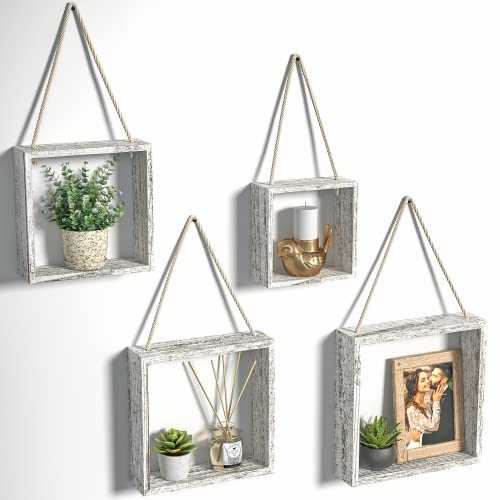 J JACKCUBE DESIGN Floating Hanging Square Shelves Wall Mounted Rustic Wood Cube Display Shelf Shadow Boxes Decorative Boho Home Décor for Living Room, Bedroom, Office, Set of 4 (White) - MK571C