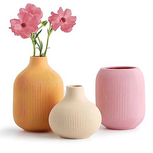 Ceramic Vase for Decor,Small Boho Vases Set for Home Decor,Modern Minimalist Farmhouse Decor,Decorative Bud Vases for Shelf Decor,Table, Bookshelf, Mantel and Entryway(Pink+Light Yellow+Orange)