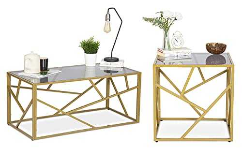 BRAVICH Modern Retro Tempered Glass Topped Coffee Table and End Table Set with Metal frame for Home and Office Use | Golden Coated Frame, (50cm X 50cm X 50cm, 100cm X 45cm X 50cm)