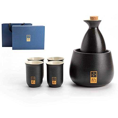 OKMIJN Sake Set with Warmer, Traditional Hot Saka Set 6-Piece Including 1Pc Warming Mug, 1Pc Sake Pot, 4Pcs Sake Cups and Gift Box,1 Pot 4 Cups,Electric Base