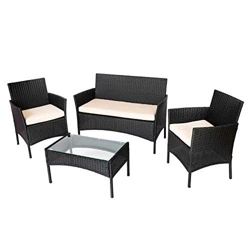 Straame 4PC Rattan Garden Furniture Set with Coffee Table, Double Seated Sofa and 2 Chairs, Outdoors Dining Rattan Set, Weather Resistant, Comfortable and Stylish Patio Set (Black)