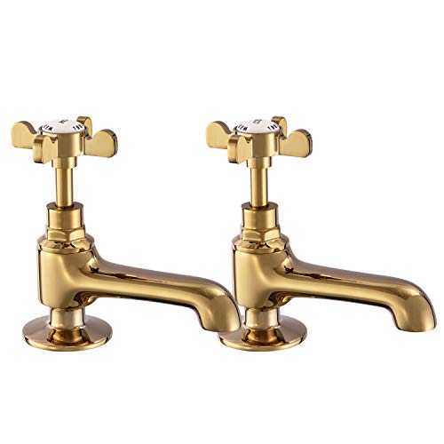 Basin Pillar Taps Pair Gold Basin Sink Hot and Cold Taps Cross Handles Twin Bathroom Taps Traditional Faucet Vintage Victorian Peppermint