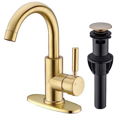 Brushed Gold Basin Mixer Taps Swivel Spout Bathroom Sink tap with Overflow Pop-up Drain,Deck Plated and Hose for 1 or 3 Hole Basin Sink