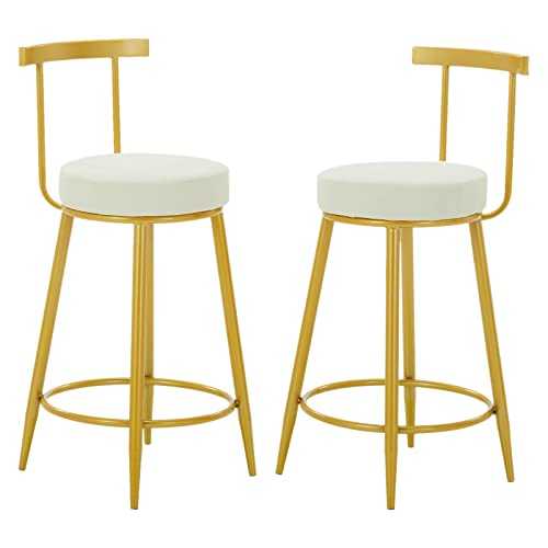 Ontihang Bar Stools White Set of 2 Breakfast Dining Bar Stools Fixed Height Bar Chairs with Gold Metal Frame and Footrest