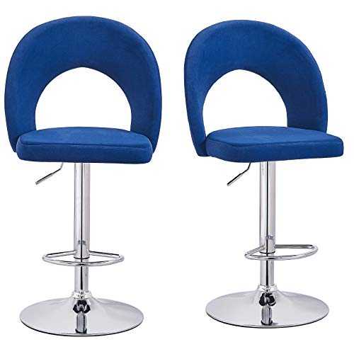 Lifetech Set of 2 Blue Velvet Breakfast Bar Stools Upholstered Seat with Backrest Footrest for Counter Kitchen Swivel Adjustable Height Bar Chairs (Blue (semicircle)