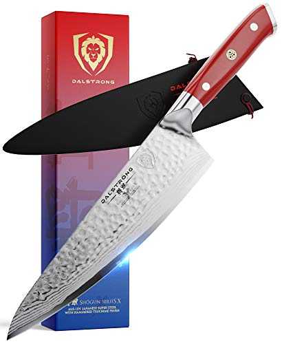 DALSTRONG Chef's Knife - 8" - Crimson Red Handle - Shogun Series - Damascus - Japanese AUS-10V Super Steel - Vacuum Treated - Sheath Included