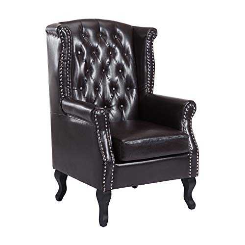 HOMCOM Antique High Back Chair PU Leather Seat Chesterfield Type Armchair Queen Anne Fireside Chair w/Cushion (Brown)
