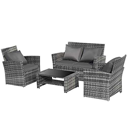 VOXY Outdoor Garden Rattan Furniture Set, 4 Seater Patio Rattan Furniture Conversation Set with Glass Coffee Table, 4 Pcs Sofa Chair Set for Yard, Pool (Grey)