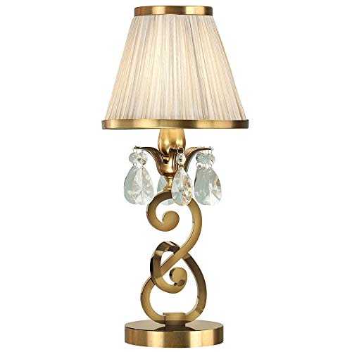 Esher | Traditional Small Table Lamp –Antique Brass | Crystal Droplets | Beige Pleated Fabric Shade– Classic Pretty Sideboard/Console Desk Bedside Table Light Bulb Holder – 420mm Tall – LED