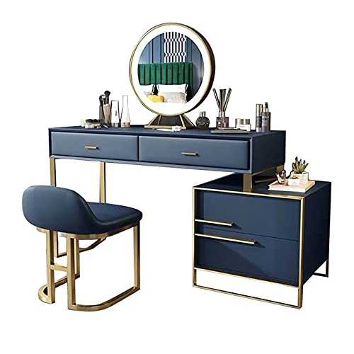 TEmkin Dressing Table Stool Set Nordic Vanity Makeup Dresser with 3 Color LED Lights Mirror and Drawers Wooden Cosmetic Bedroom Dressing Table for Bedroom Furniture Gray (Blue)