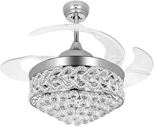 Moerun 42" Crystal Ceiling Fan with Light Modern Silver Chandelier 4 Retractable Blades Remote 3 Speeds 3 Color Changes Automatic Timer Lighting Fixture, Silent Motor and LED Kits Included