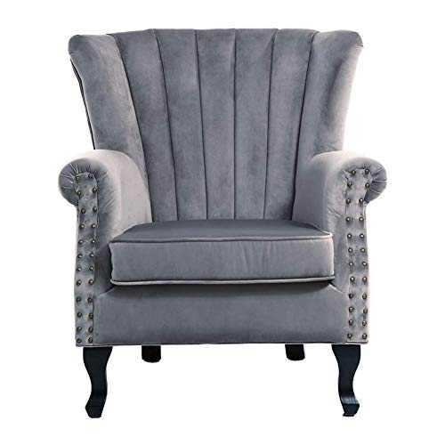 Warmiehomy Armchair Velvet Upholstered Accent Chair Armchair Wing Back Fireside Chair with Solid Wooden Legs for Living Room Bedroom (Grey)