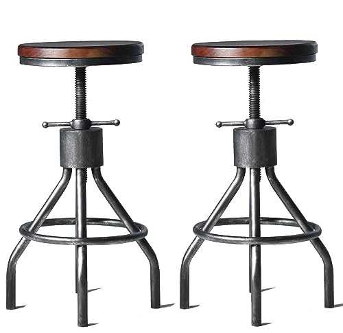 Set of 2 Industrial Bar Stool-Vintage Adjustable Round Wood Metal Swivel Bar Stool-Cast Iron-23-30 Inch Tall Counter Bar Height Farmhouse Kitchen Stools (Walnut Color)