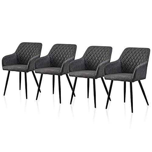 TUKAILAI 4PCS Faux Leather Dining Chairs Armchairs Set of 4 Leisure Lounge Accent Chairs with Padded Seat, Arms, Backrest Living Dining Kitchen Room Bedroom Reception Diamond Design Light Grey