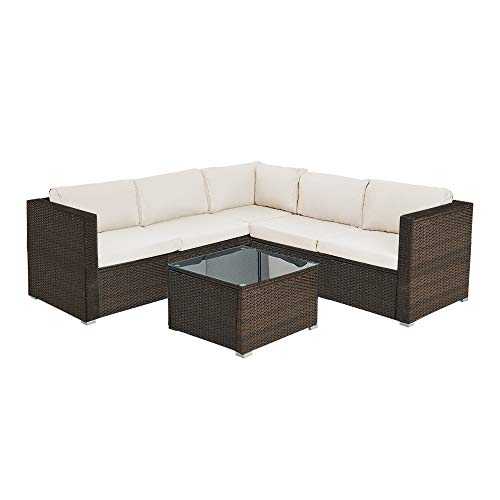 Panana Rattan Furniture Set 5 Seater Lounge Corner Sofa Set with Table Stool Garden Patio Conservatory Outdoor Brown Wicker with Beige Cushions