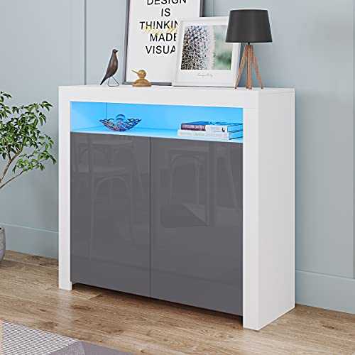 Panana High Gloss Front 2 Doors Storage Sideboard Living Room Cupboard with LED Light in White Matt Body (White/Grey)