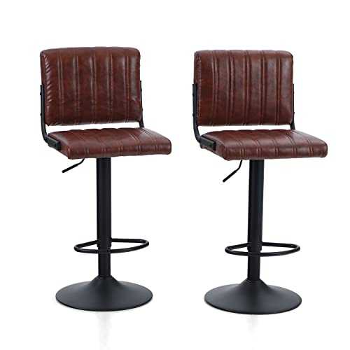 Alpha Home Bar Stools Set of 2, Bar Chair with Backrest Footrest, Height Adjustable 360° Rotatable Breakfast Chair, Made of Waterproof Leatherrette, Dining Chair for Kitchen Island, Bar, Office Brown