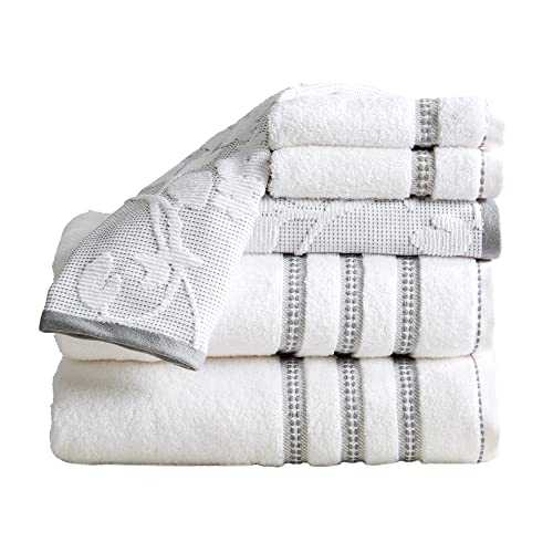 100% Cotton Floral Jacquard Bath Towels, Luxury 6 Piece Set - 2 Bath Towels, 2 Hand Towels and 2 Washcloths. Absorbent Super Plush Decorative Towels (6 Piece Set, White / Grey)