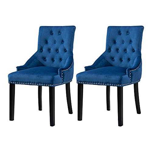 BOJU Set of 2 Modern Blue Tufted Dining Chairs with Arms Studded Ring Comfy Velvet Fabric Upholstered Kitchen Chairs with Armrest for Accent Restaurant Bedroom Living Room Side Chairs