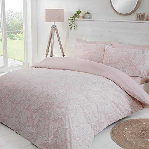 Sleepdown Paisley Paste Floral Blush Pink White Plain Reverse Soft Easy Care Luxury Duvet Cover Quilt Bedding Set with Pillowcases - King (220cm x 230cm)