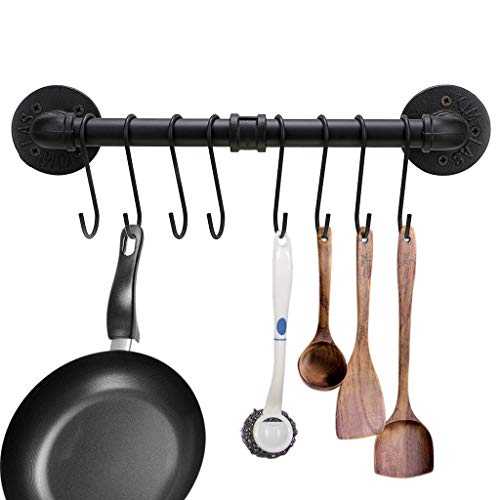 Sumnacon 16 Inch Industrial Pipe Pan Pot Rack with 8-Hooks, Wall Mounted Metal Rail Kitchen Utensil Pot Pan Lid Storage Organizer/Cookware Holder with Hardwares