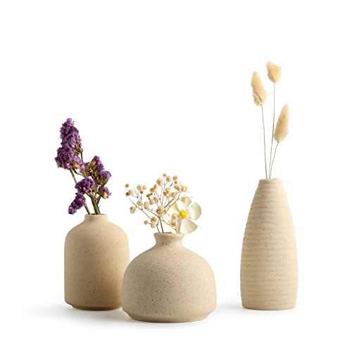 Linmaya Beige Ceramic Vases, Small Flower Vases for Home Decor Set of 3, Small Cute Vases for Shelf, Bookshelf, Table, Mantel, Entryway, Living Room, Rustic Modern Farmhouse Decor