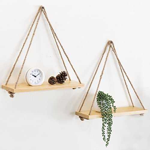 MyGift 17-inch Natural Unfinished Wood Hanging Rope Swing Shelves, Set of 2