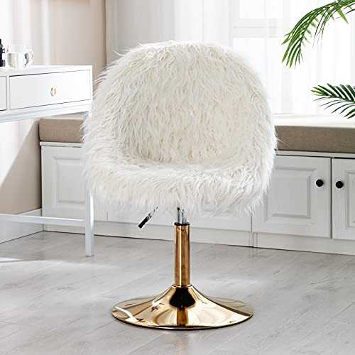 Wahson Faux Fur Accent Chair Modern Occasional Tub Chair Height Adjustable Vanity Chair with Golden Base, Leisure Swivel Chair for Living Room/Bedroom, White
