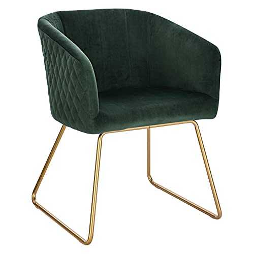 WOLTU 1 x Dining Chair Dark Green Kitchen Side Dining Chair Upholstered Seat for Counter Lounge Living Room Corner Accent Chair with Arms Back Steel Legs in Golden Reception Chair Velvet