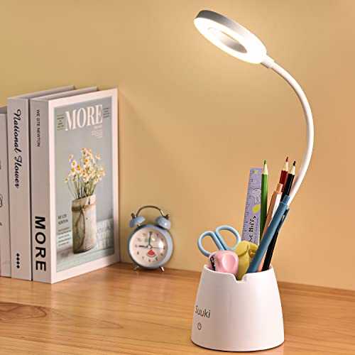 Desk Lamp, Battery Operated Table Lamps for Bedroom, Dimmable LED Desk Light with 3 Light Modes, Gooseneck, Study Reading Lamp with Pen & Phone Holder, Battery Powered Light for Study Desk, Office