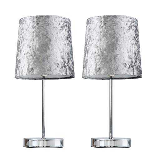 Pair of - Modern Polished Chrome Table Lamps with a Silver Grey Velvet Shade