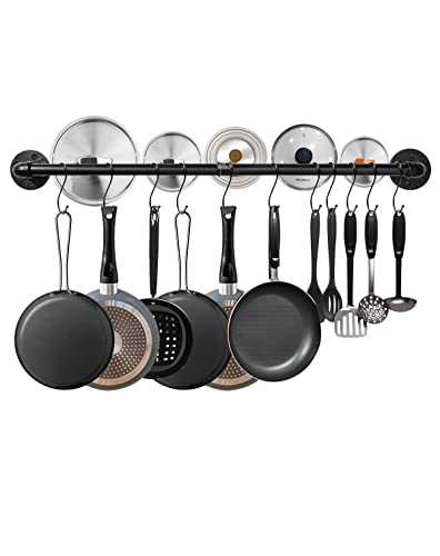 Bailoo Industrial Pipe Pot Pan Rack 39 Inches, Wall mount Pot hangers Pan Hanging Rail Lid Hanger for kitchen with 16 S Hooks