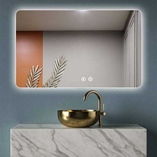 Bathroom mirror Smart Bathroom Wall-mounted Mirror LED Illuminated 70 * 50/80 * 60/90 * 70cm Round Corner Two-color Light Defogging Explosion-proof Mirror