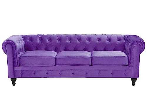 Beliani Classic Chesterfield Sofa Button Tufted 3 Seater Velvet Purple Chesterfield