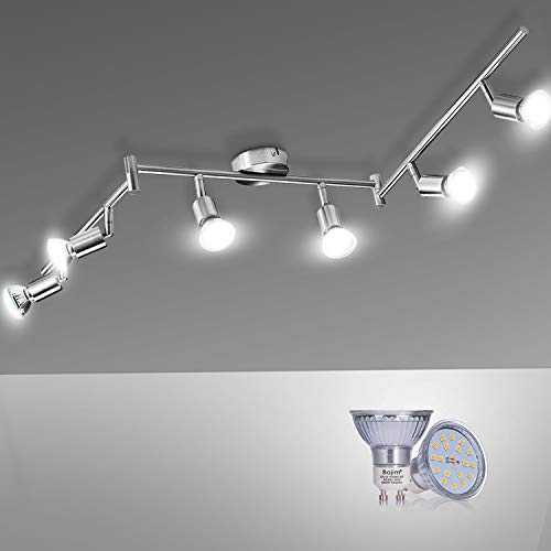 Bojim 6 Light LED Ceiling Spotlights, 6 x GU10 6W 600LM 4500K Natural White, 6 Way Rotatable LED Ceiling Lamp for Bedroom Living Room Kitchen, Matte Nickel & Swivelling Bar Design, 220V-240V IP20
