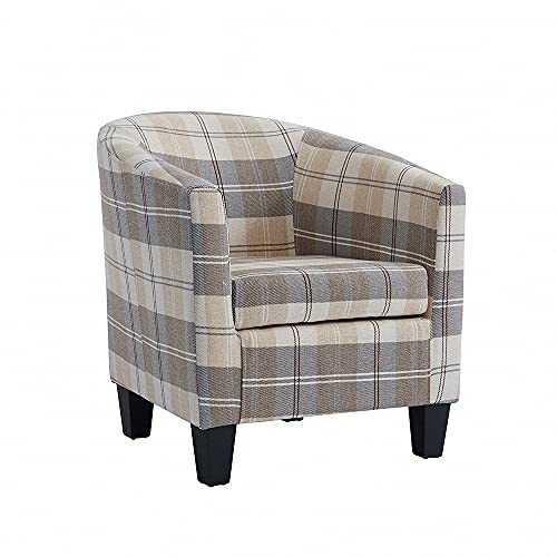 Home Detail Modern Tub Chair, Accent Bedroom Chair, Living Room Chair, Dining Chair, Small Armchair or Occasional Chair in Beige Tartan Fabric