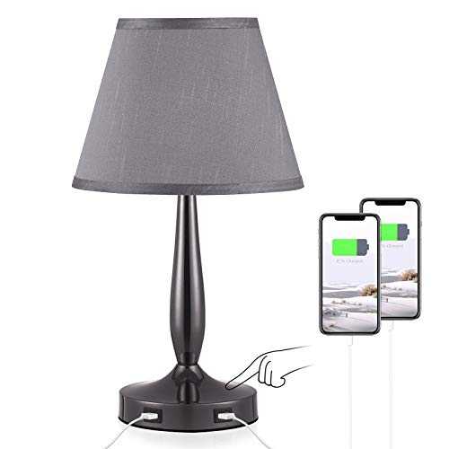 Grey Touch Table Lamp, Aooshine Bedside Lamp with 2 Fast Charging USB Ports, 3-Way Dimmable Lamp with Trapezoidal Lampshade, Modern Touch Lamps for Bedroom, Office, Reading Room (LED Bulb Included)