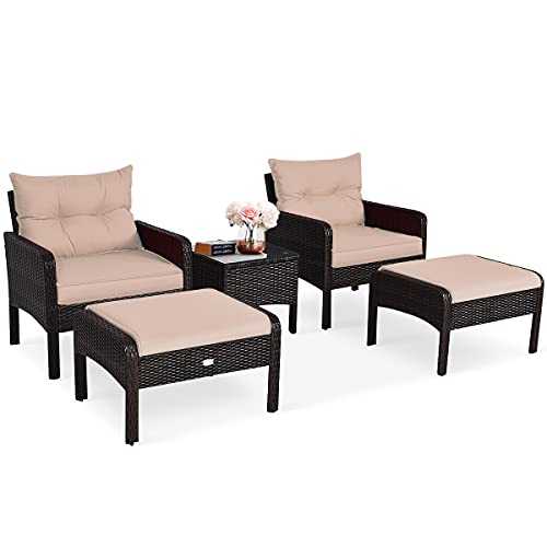 COSTWAY 5PCS Rattan Garden Furniture Set, 4-Seater Cushioned Sofa Chair with Glass Top Coffee Table and Footstool, Outdoor Patio Porch Balcony Wicker Table Chairs Set (Brown+Tan)