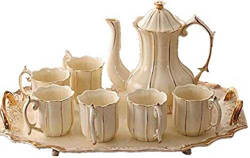 FGDSA Tea Coffee Cup Set 8 Pieces Gold Trim Glazed Porcelain Coffee And Tea Service Set With 6 Piece Cups And Teapot Tray Afternoon Tea Drinkware Coffee Set