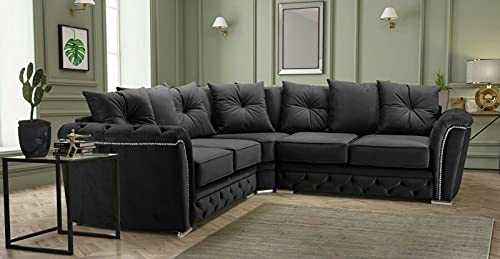 New Chesterfield Black Plush Fabric Corner Sofa for Sale- Corner Sofas Settees for Sale- Black Sofas for Living Room - Cheap Sofas UK-HHI 101