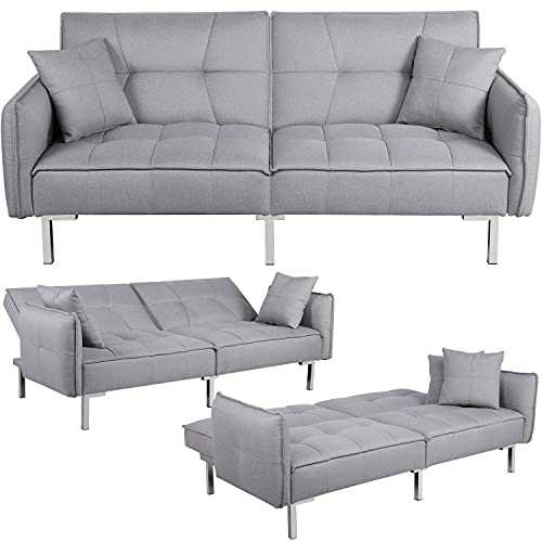 Yaheetech Fabric Sofa Bed 3 Seater Click Clack Sofa Couch Recliner Settee for Living Room/Bedroom with Arms&2 Cushions Grey