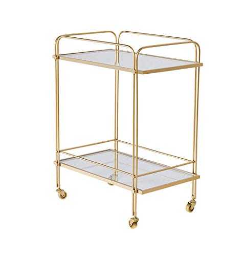 GAXQFEI Foyer Rack Golden Trolley,On Wheels with Handrails Rolling Serving Cart Hotel Bedroom Living Room Coffee Shop 2-Layer Glass Shelf for Storage,a,61 * 38.5 * 76Cm