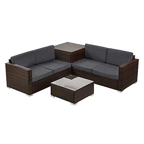 Panana 4 Seater Rattan Outdoor Garden Furniture Set Large Corner Sofa Set Coffee Table Storage Cabinet Conservatory Patio Brown Wicker with Grey Cushion