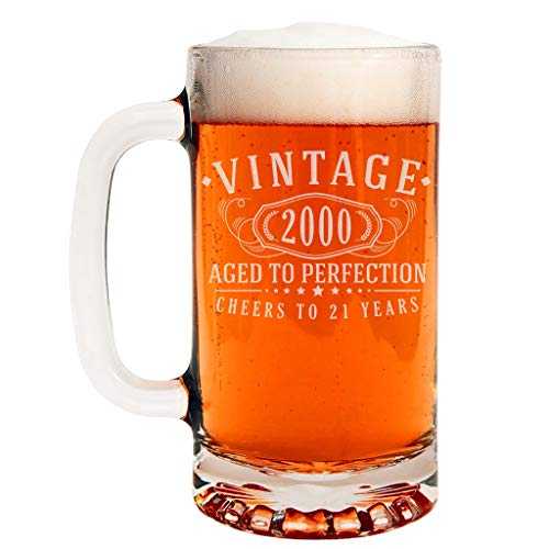 Vintage 2000 Etched 16oz Glass Beer Mug - 21st Birthday Aged to Perfection - 21 Years Old Gifts