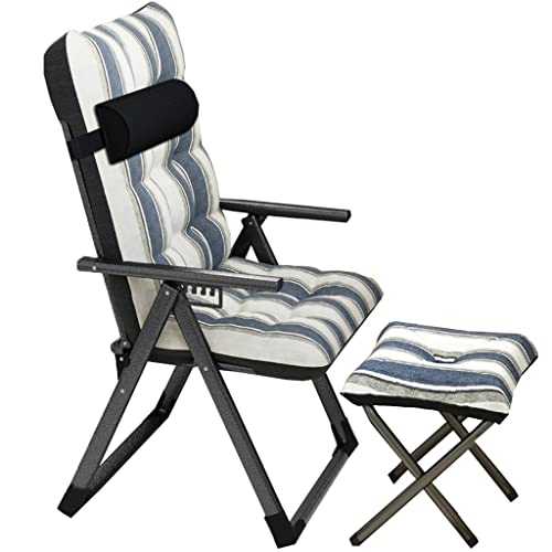DUNAKE Folding Lounge Chair Indoor, Cotton And Linen Fabric Lazy Chair With Armrest 6-speed Adjustable Reclining Chair,Single Sleeper Sofa Chair,165° Angle Adjustment (Color : Stripes with ottoman)